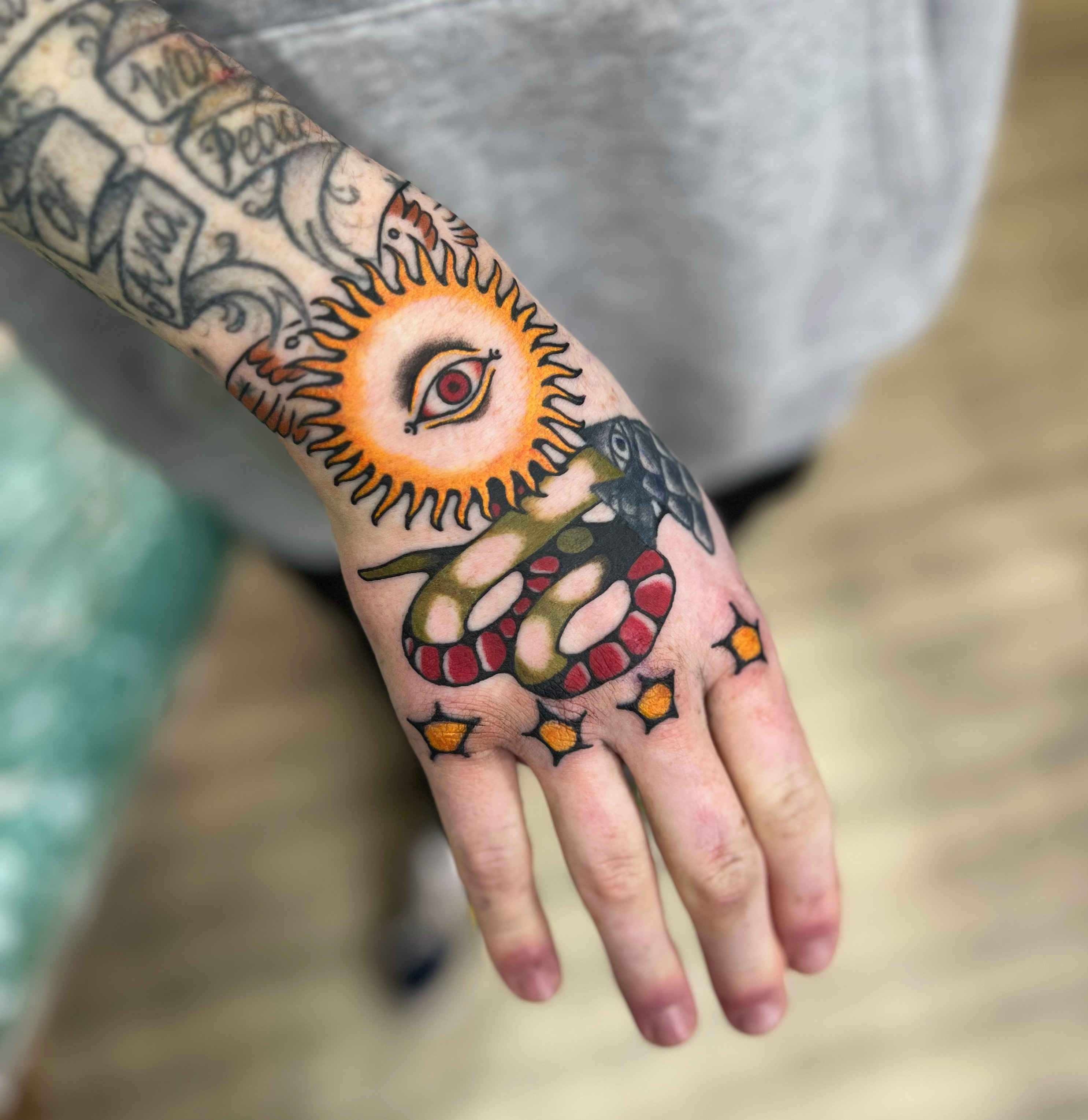 Black and grey realism custom tattoo work by Estelle at Have Faith Tattoo Bath